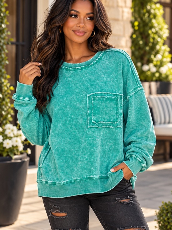 Zenana Outfitters Tops - Zenana Mineral-Washed French Terry Pocket Sweatshirt – Forest 🌲